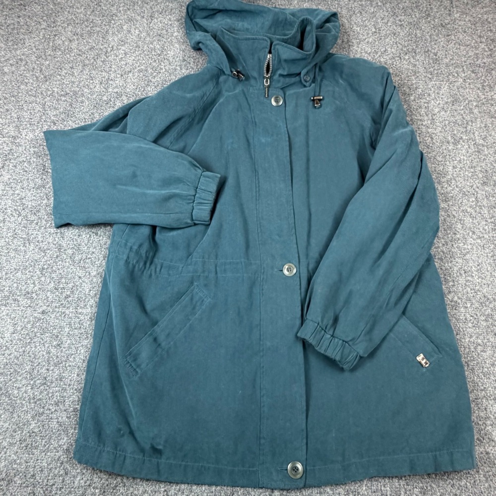 London Fog Teal Blue Hooded Parka Jacket Womens Large Full Zip‎ Cinched Waist